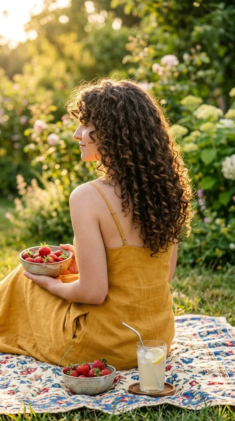 Long dark brown curls with shorter face framing ringlets seen from behind at picnic