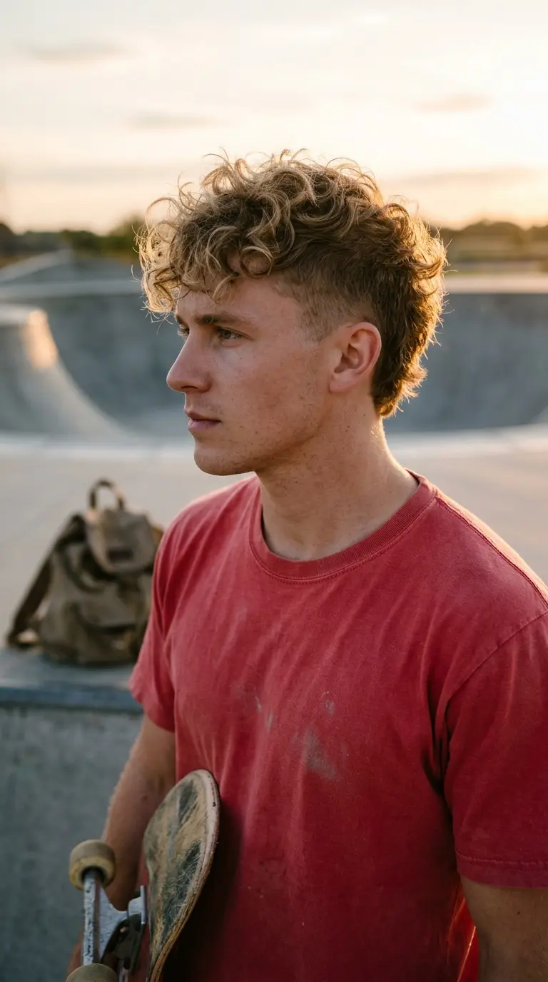 Three quarter front side view of a curly faux hawk at a skate park