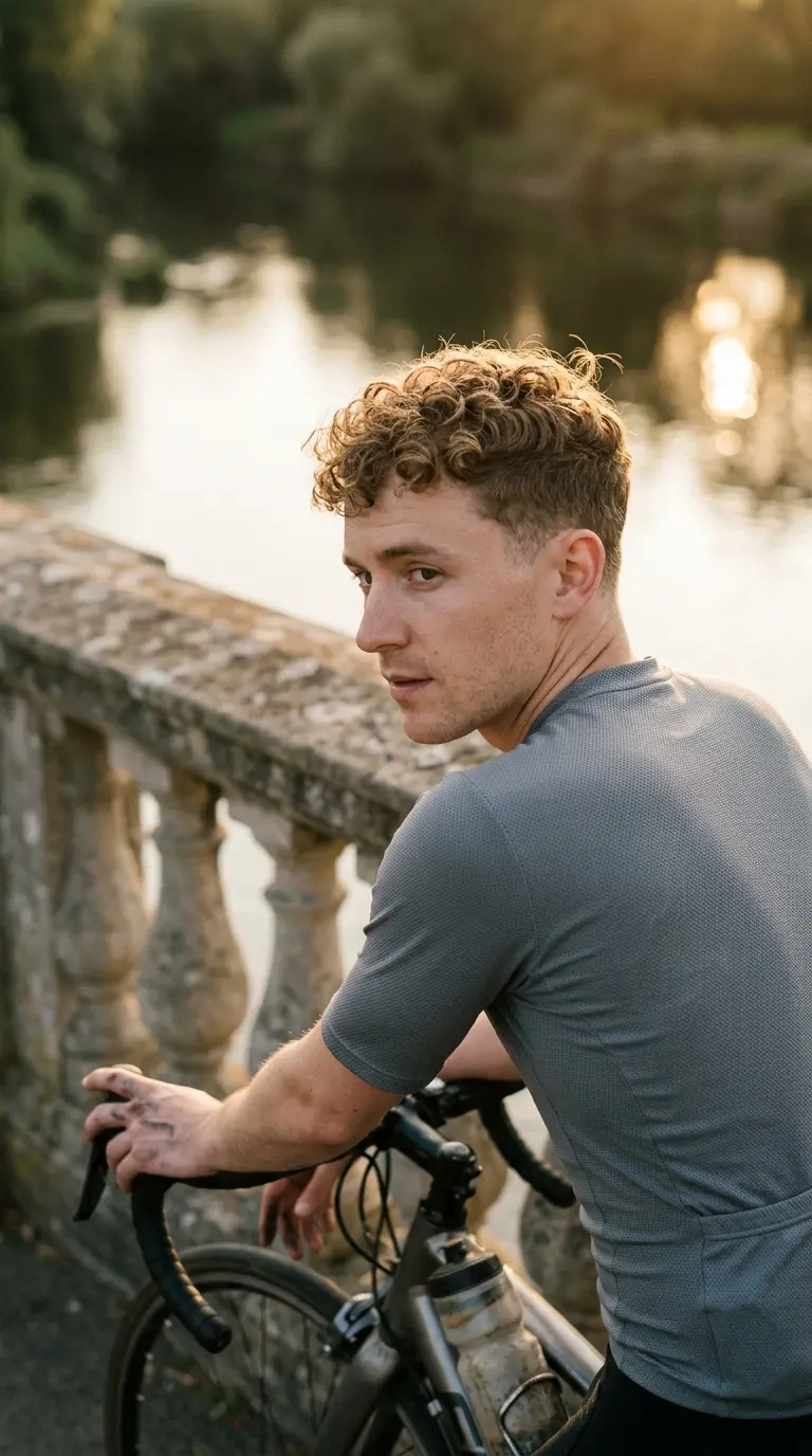 Over the shoulder view of short curls growing out from a buzz cut