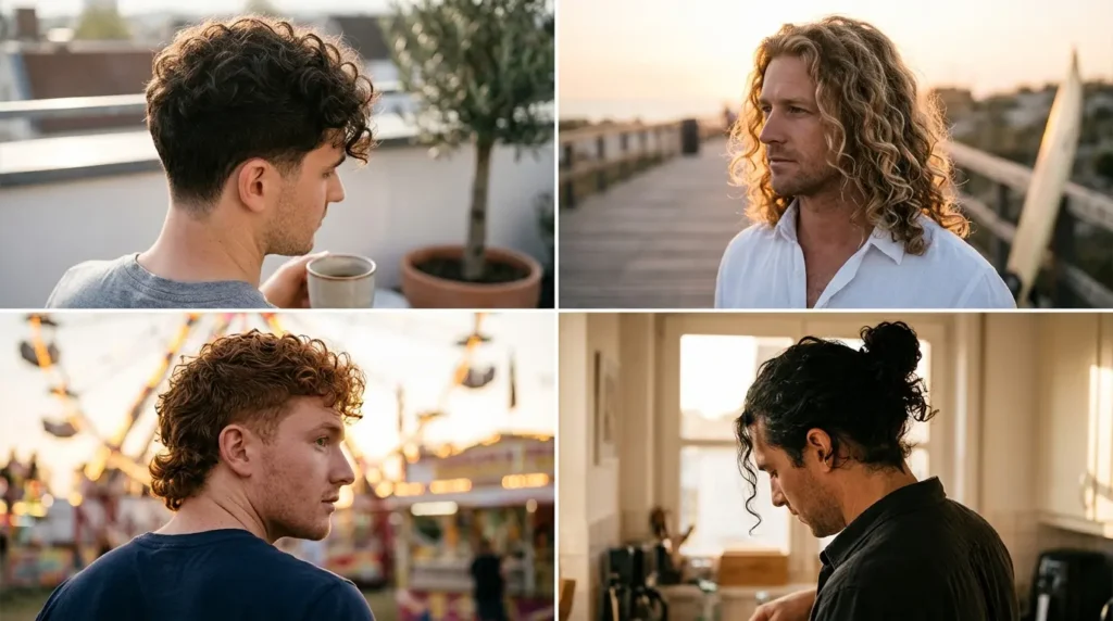 Four photo portrait collage of curly hairstyles for men in side and three quarter views