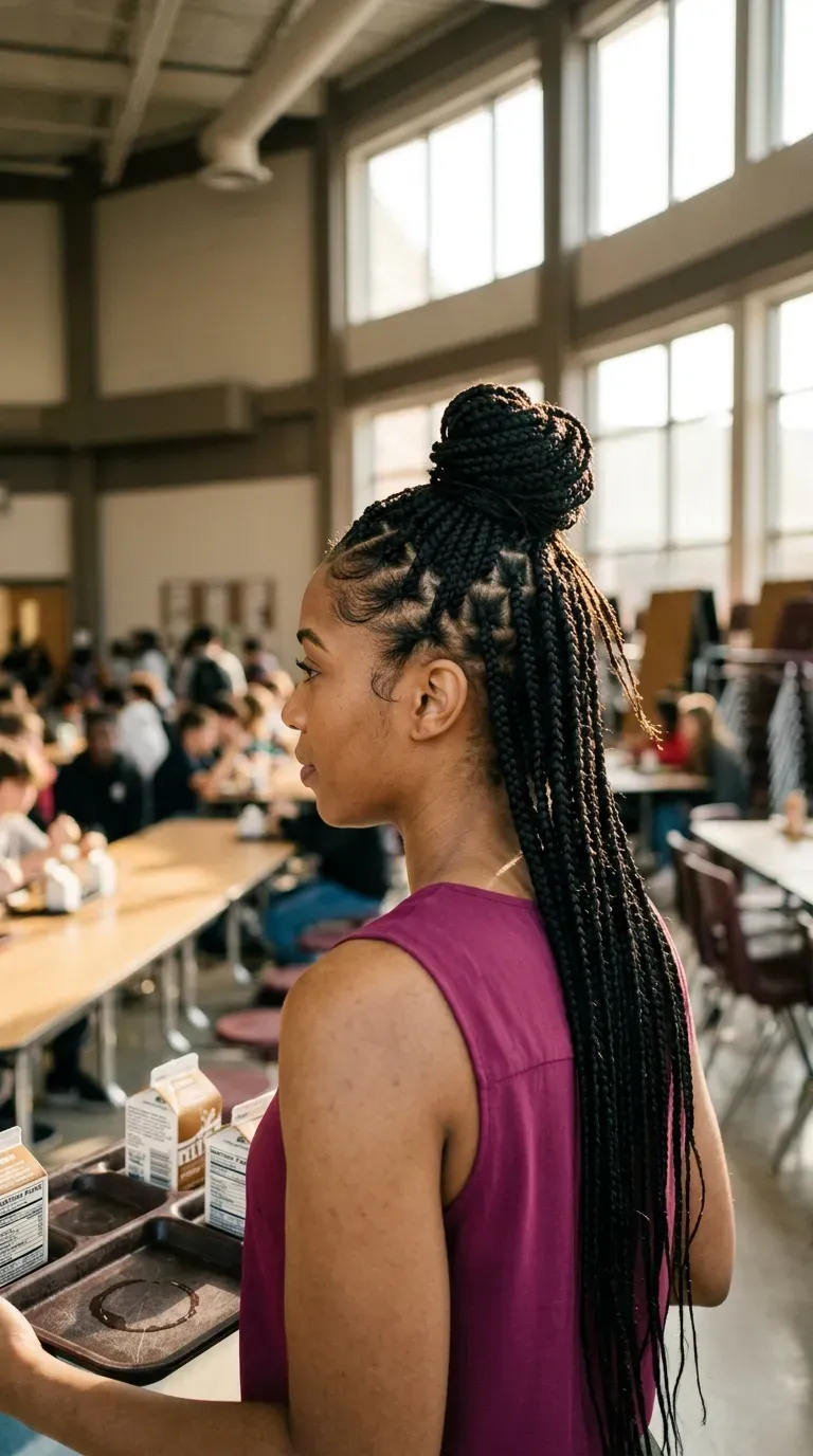 Three quarter view of curly half pineapple hair in a school gym