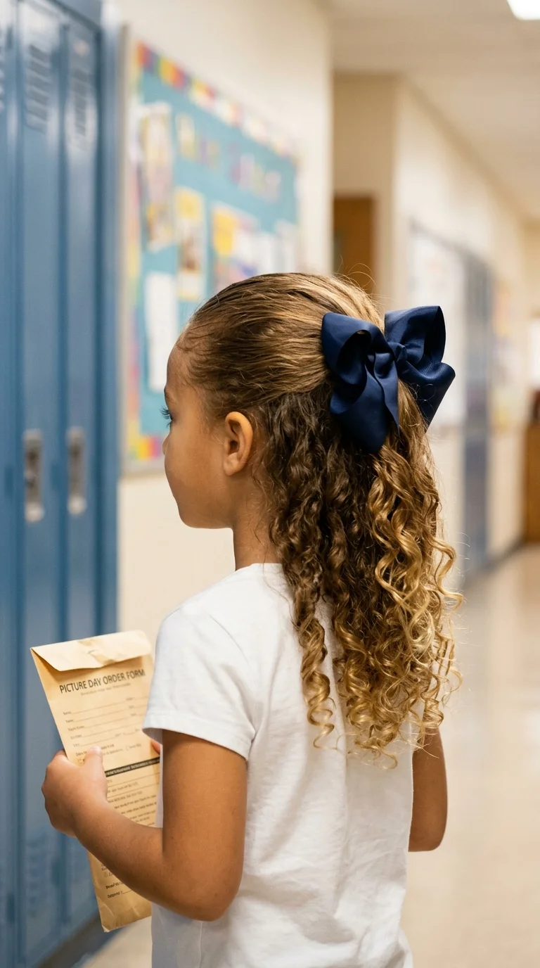 Three quarter back view of a mixed girl with a curly half up style and a big satin bow on picture day