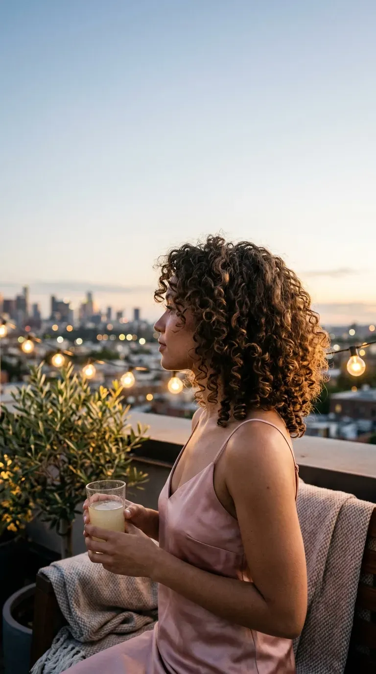 Side profile of a curly lob with rounded layers on a rooftop at dusk