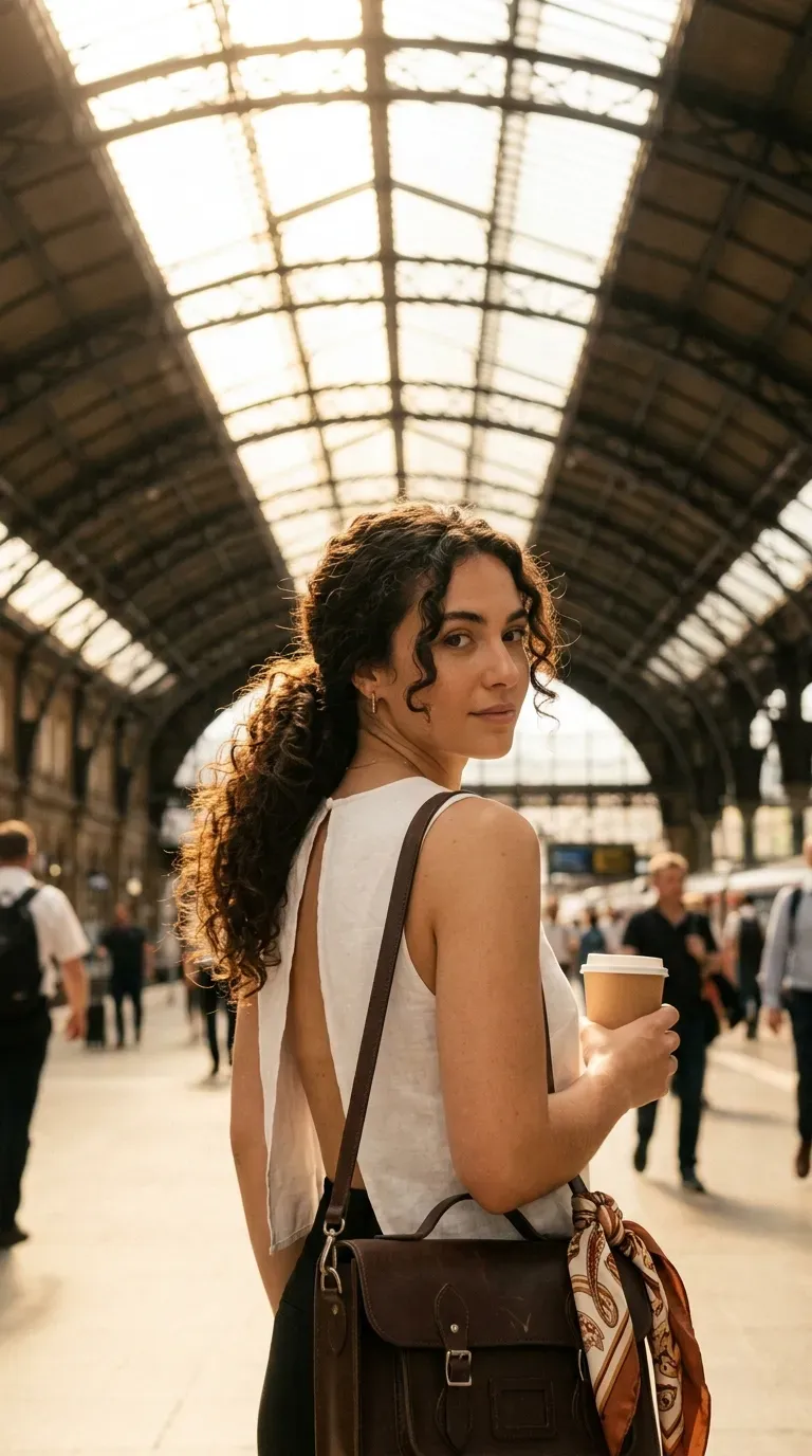 Over the shoulder view of curly low ponytail with gel cast in train station