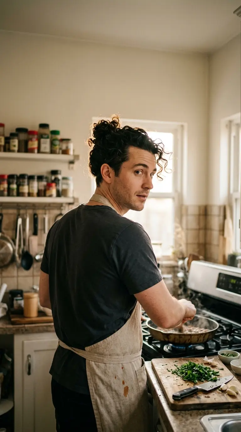 Over the shoulder view of a loose curly man bun in a kitchen
