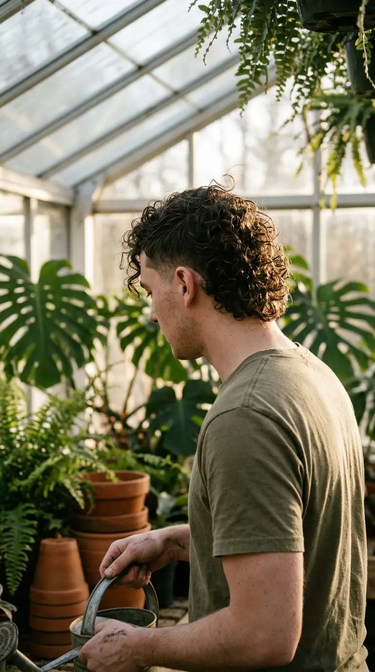 Three quarter back view of a curly mullet with a taper in a greenhouse