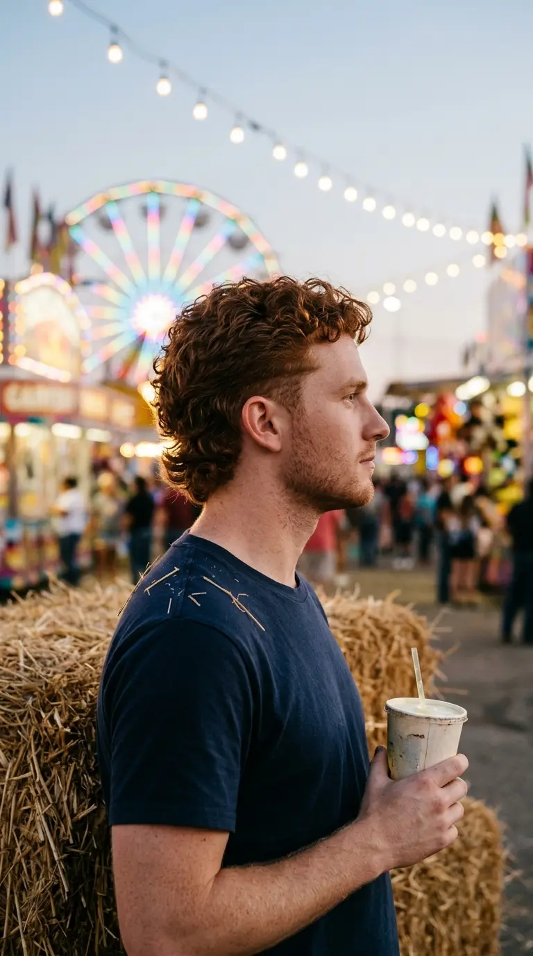 Side profile view of a man with an auburn curly mullet at a fair