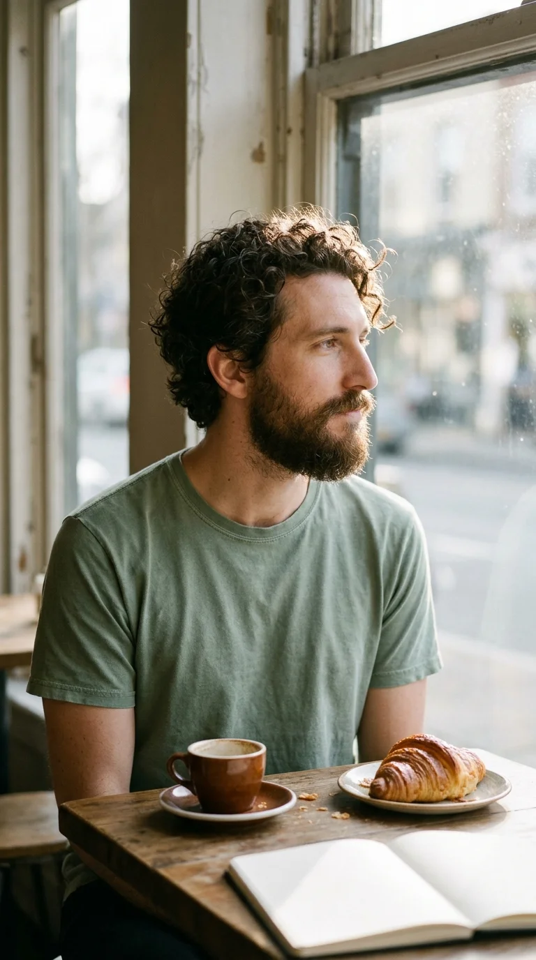 Three quarter view of a curly natural beard trimmed into a tidy rounded shape