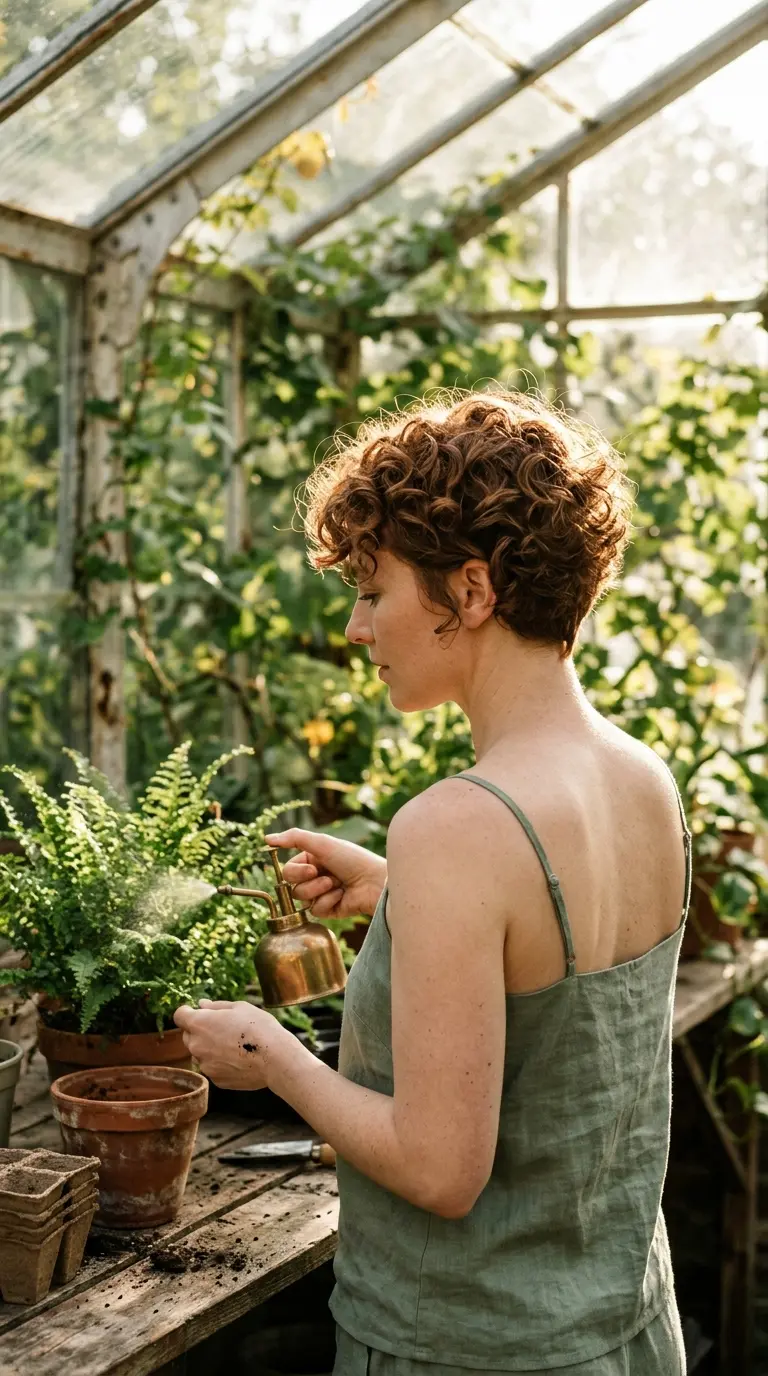 Three quarter view of an auburn curly pixie cut with stacked curls in a greenhouse