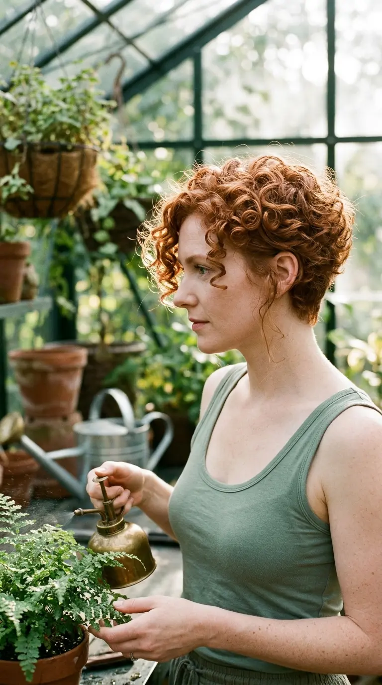 Three quarter front view of a copper red curly pixie in a greenhouse