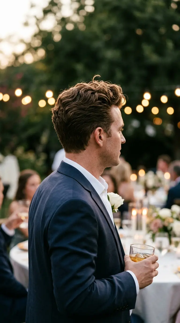Three quarter back view of a curly pompadour at an evening wedding