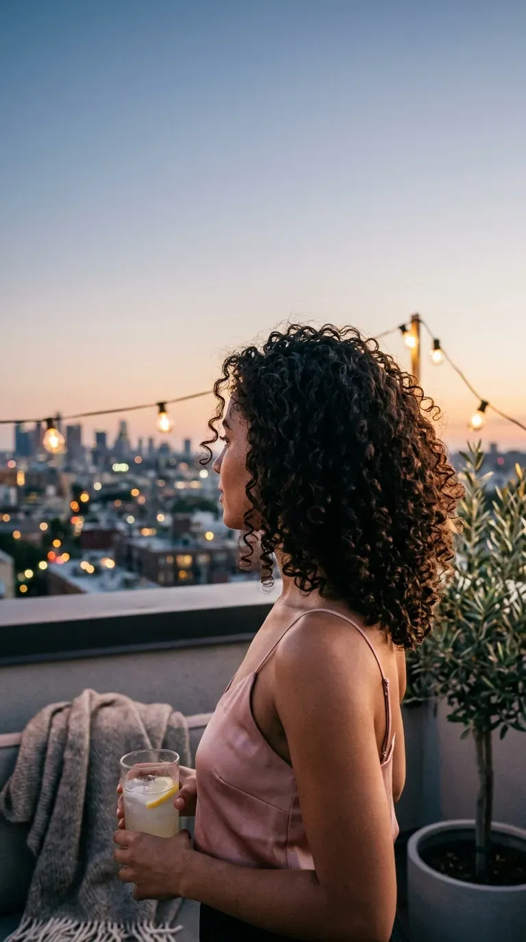 Side profile of a curly shoulder length haircut with rounded layers at dusk