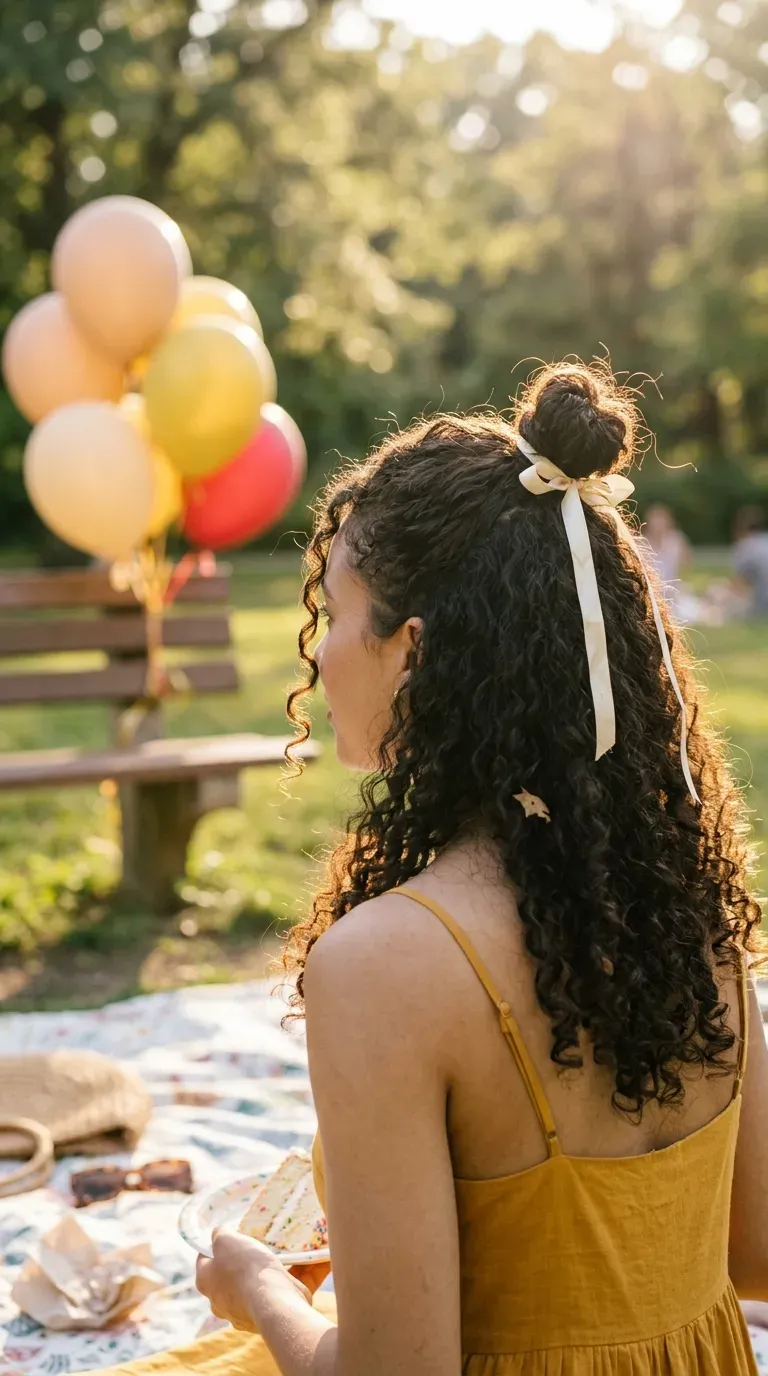 Over the shoulder view of curly space buns with face framing pieces at a festival