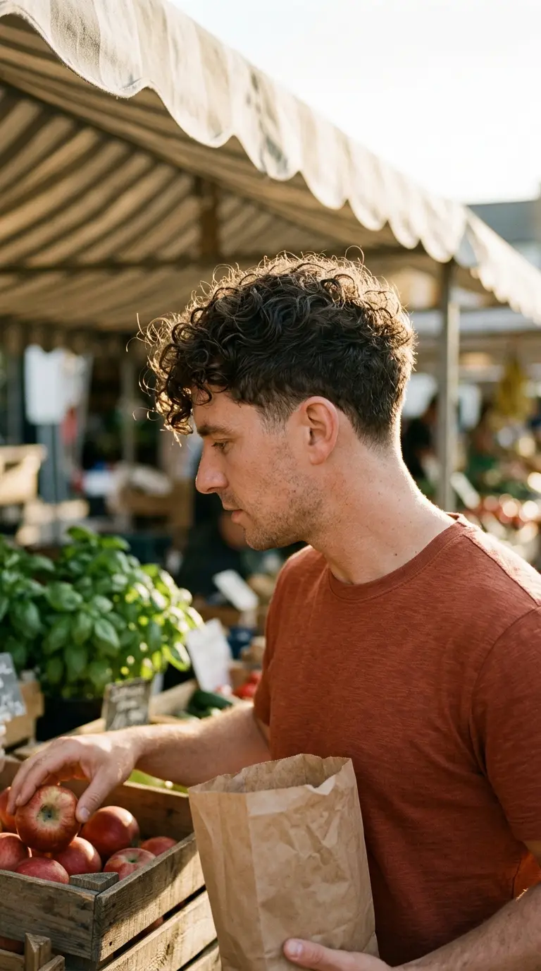 Side profile of a curly dark brown crop with a drop fade at a market