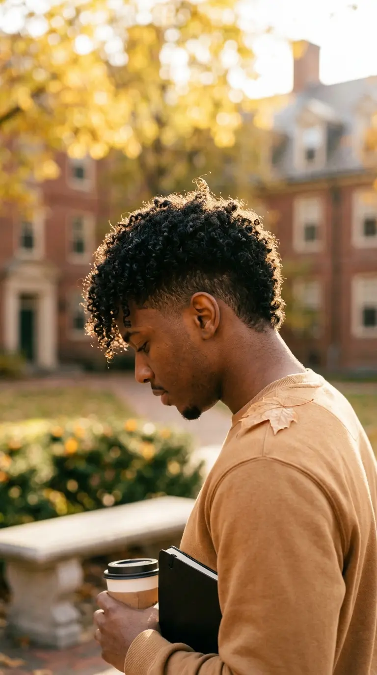 Three quarter front view of a Black man with a defined curly top and a burst fade