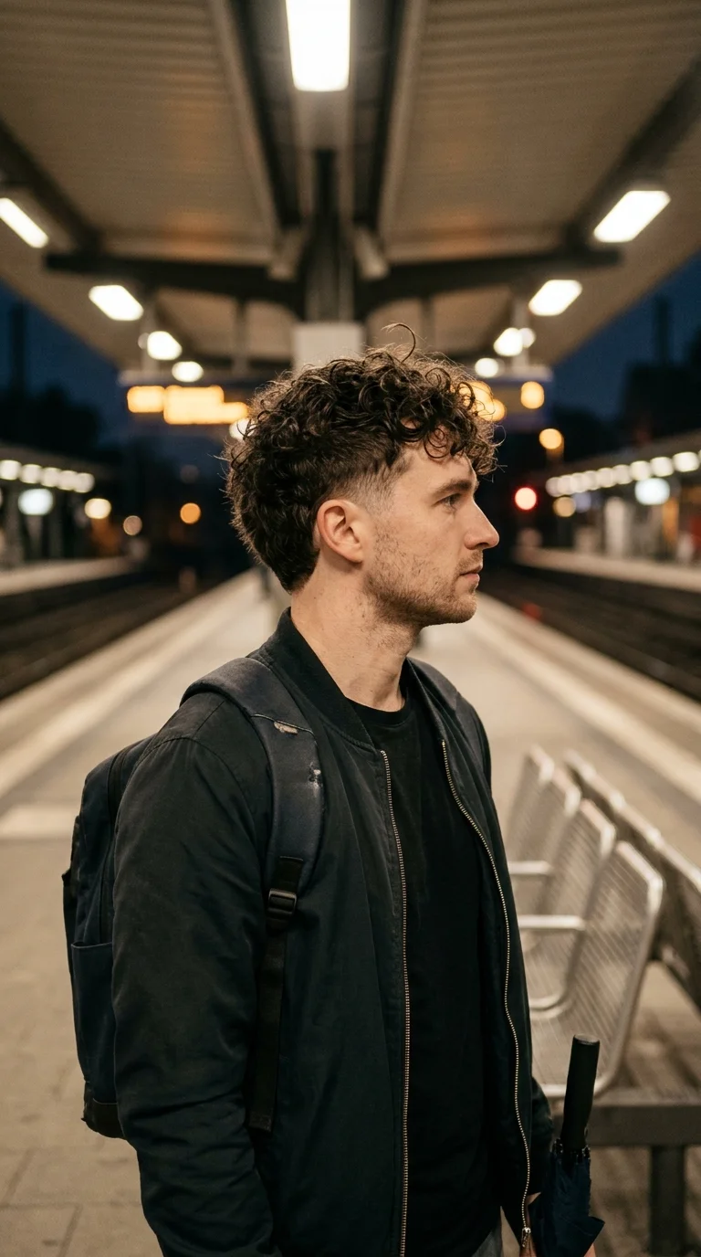 Side profile view of a curly top with a drop fade on a train platform