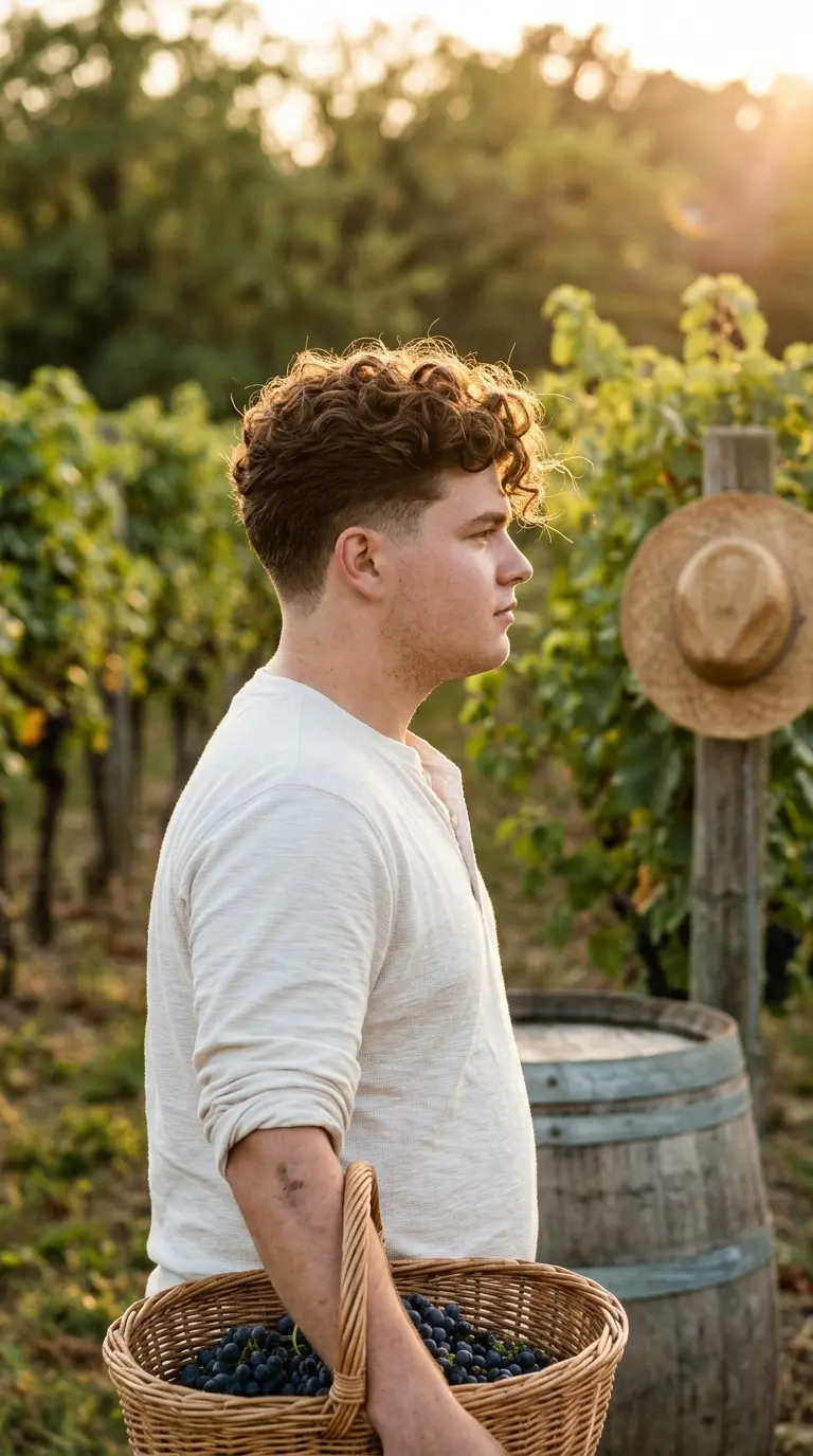 Side profile of a curly top with a high taper at a vineyard