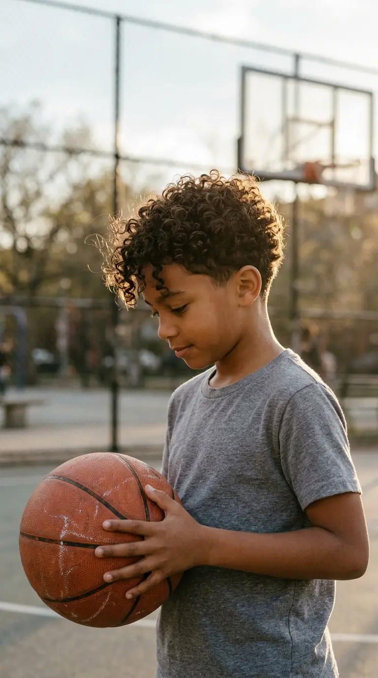 Three quarter front view of a mixed boy with a curly top and a low taper on the sides at a basketball court