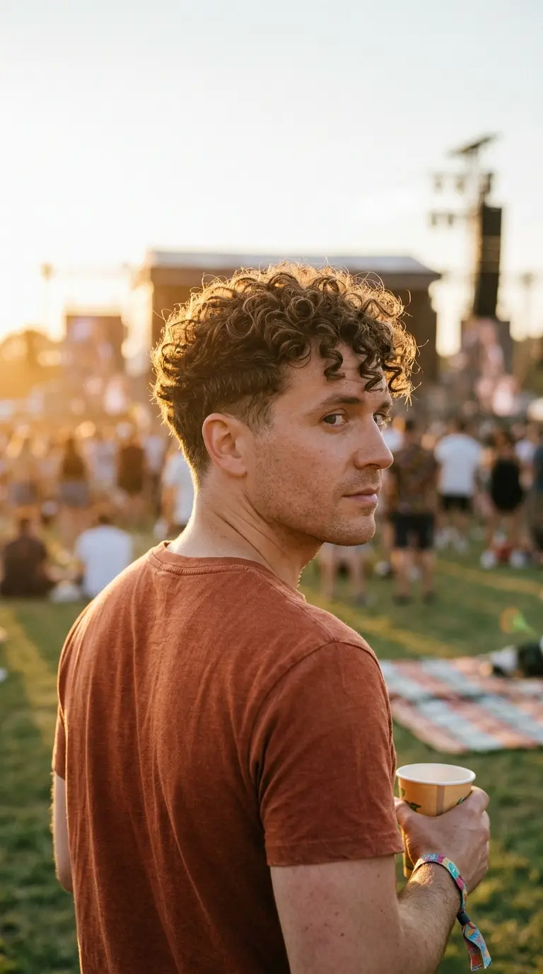 Over the shoulder view of a curly top with a low taper at a festival