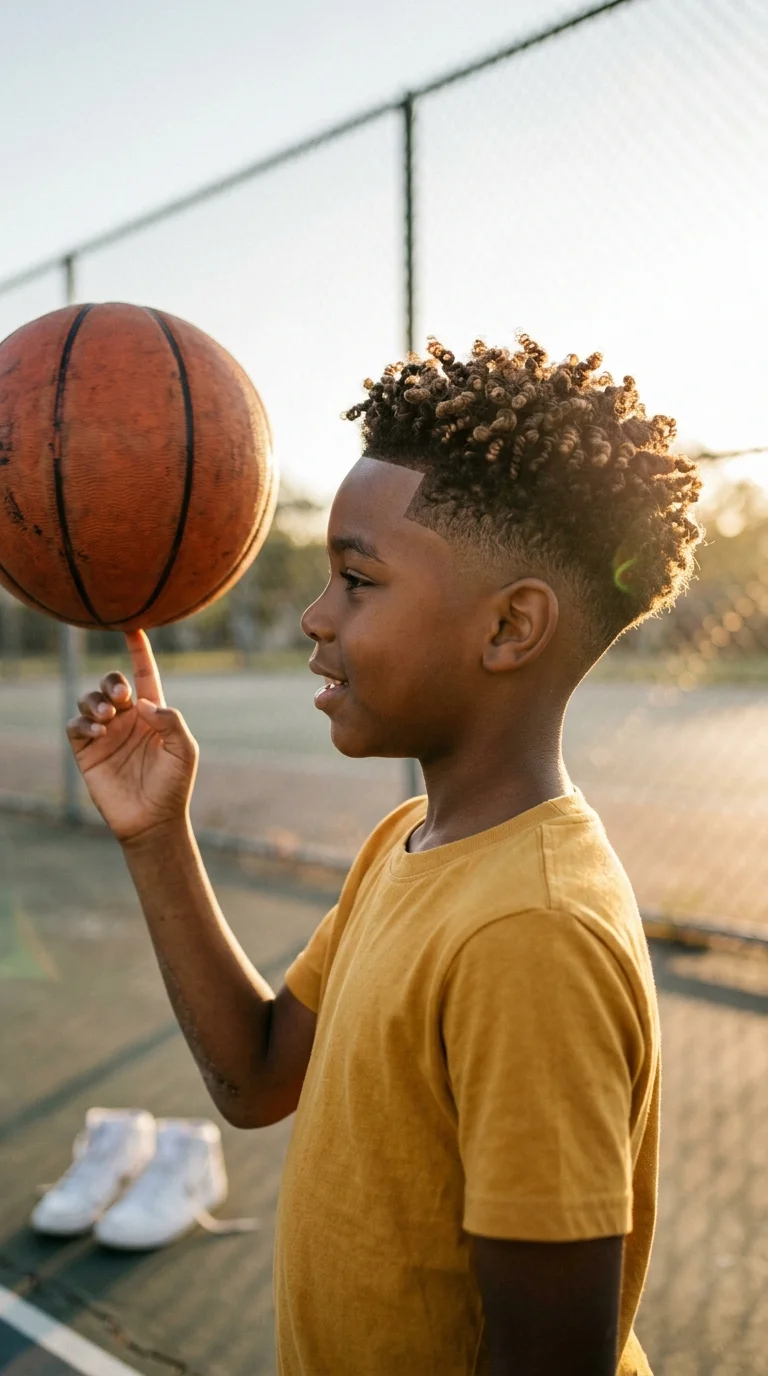 Side profile of a boy with a curly sponge top and mid fade