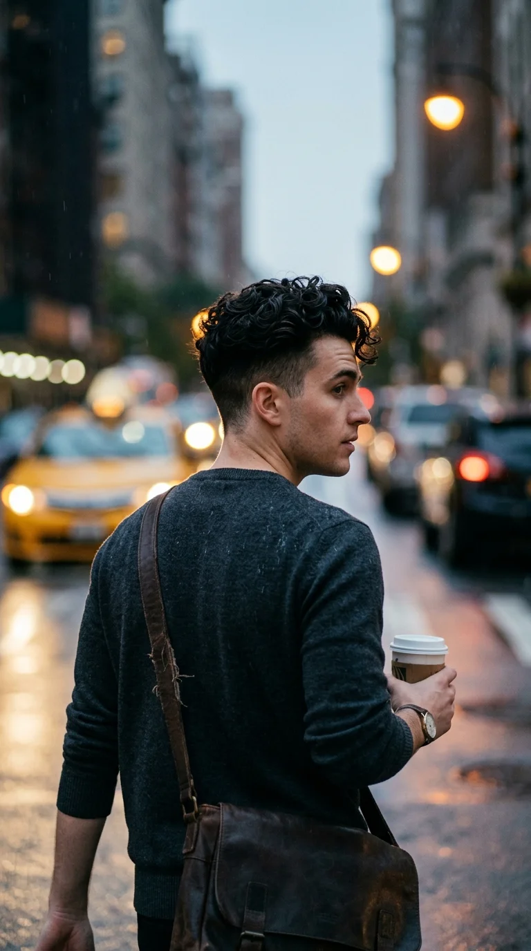 Over the shoulder view of a man with a curly undercut and long top