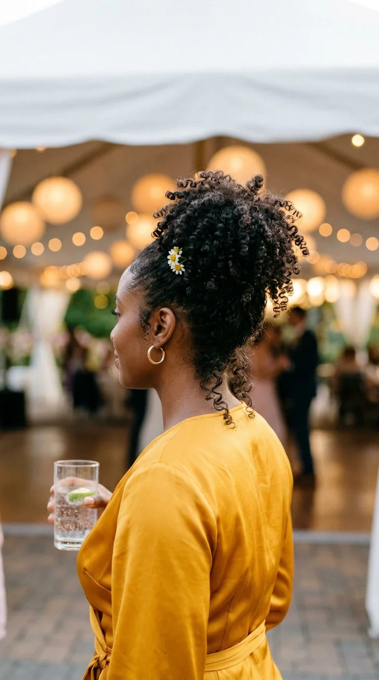 Three quarter view of long natural curls gathered and pinned into a full updo at the crown