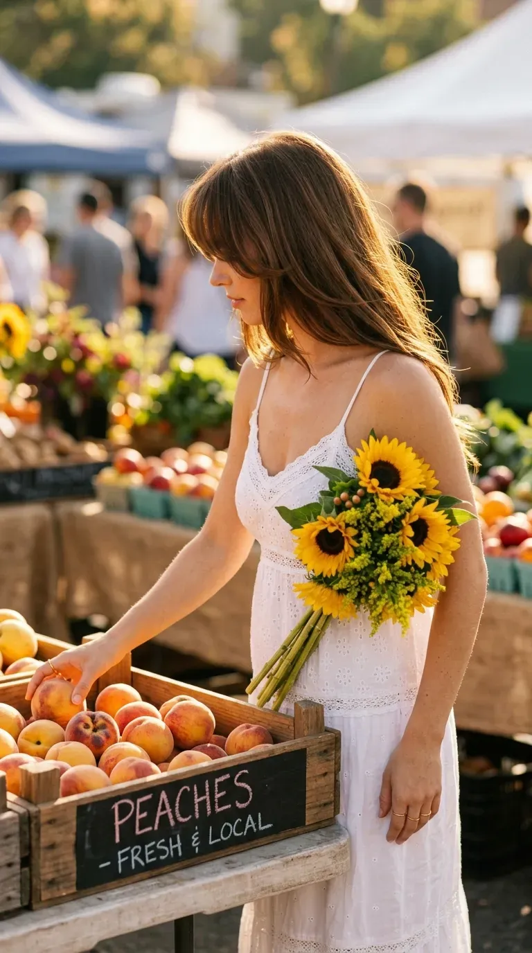 Chestnut long layered hair with curtain bangs blending into face framing layers at market
