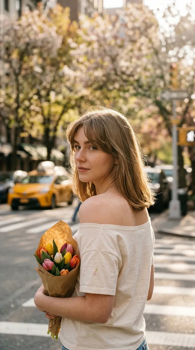 Over the shoulder view of light brown curtain bangs on a city street