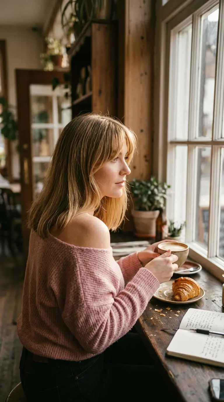 Three quarter back view of honey blonde bob with curtain bangs in a cafe