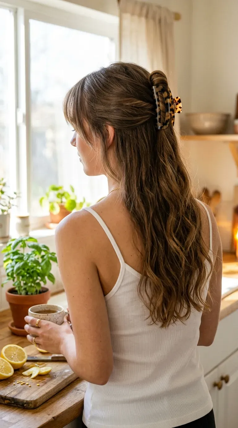 Long brown hair half up in a tortoiseshell claw clip with curtain bangs loose