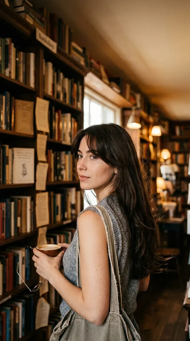 Over the shoulder view of curtain bangs and long face framing layers in a bookshop