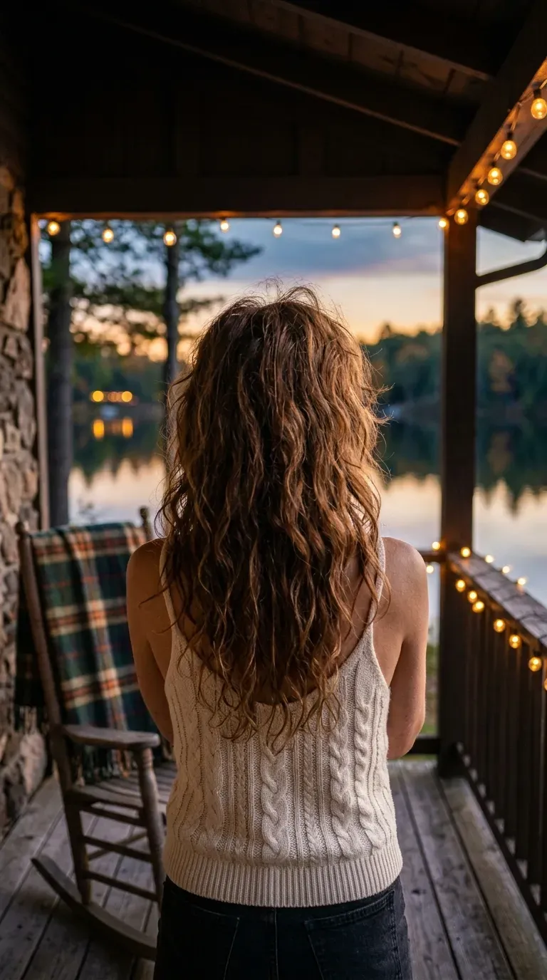 Chestnut wavy long shag with tousled curtain bangs seen from behind on cabin porch