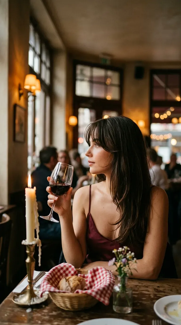 Three quarter view of curtain bangs with loose bends at a candlelit dinner