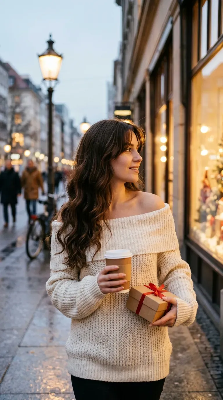 Three quarter view of curtain bangs with loose waves and a side part