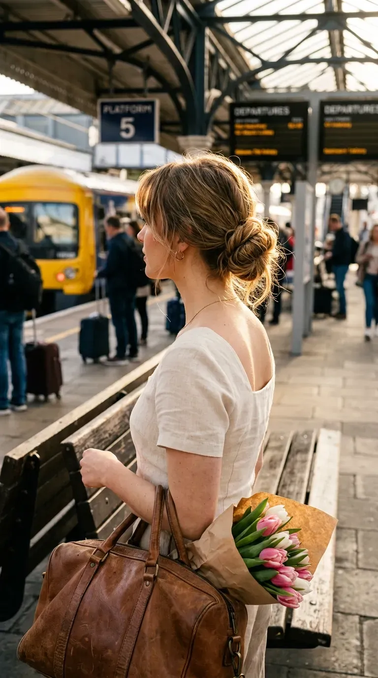 Light brown loose low messy bun with curtain bangs at a sunny train station