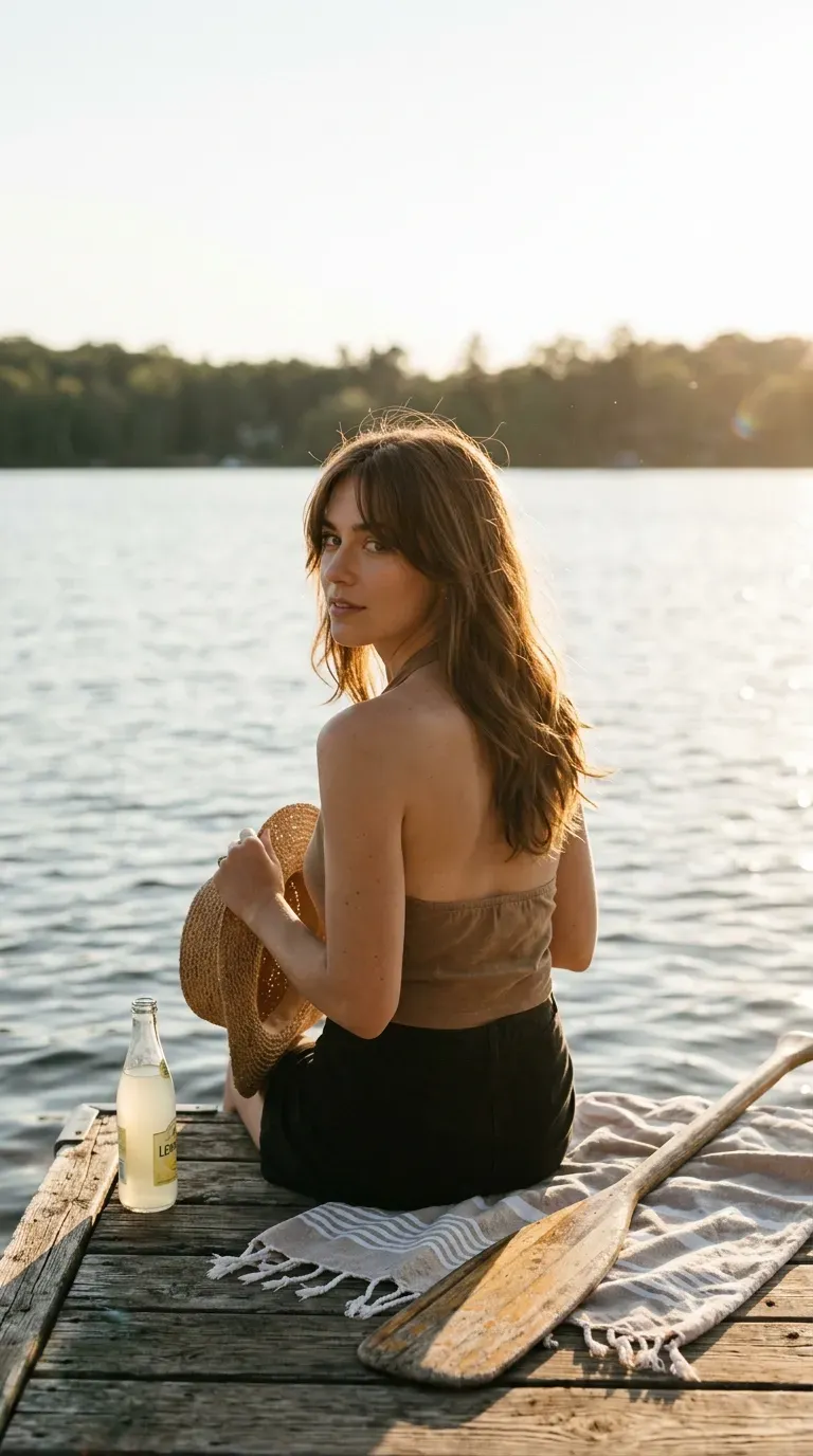 Three quarter back view with curtain bangs and layered shoulder length hair on a dock