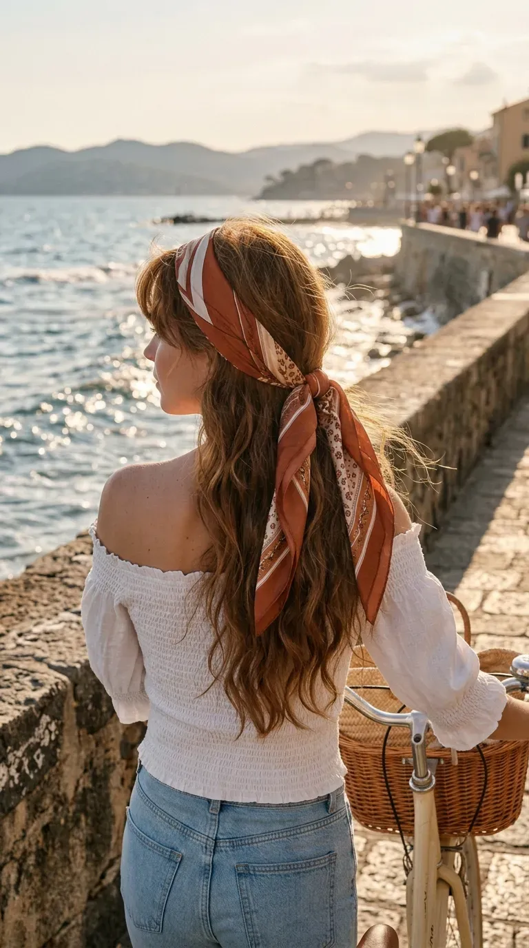 Auburn long hair with silk scarf headband tied behind curtain bangs at seaside