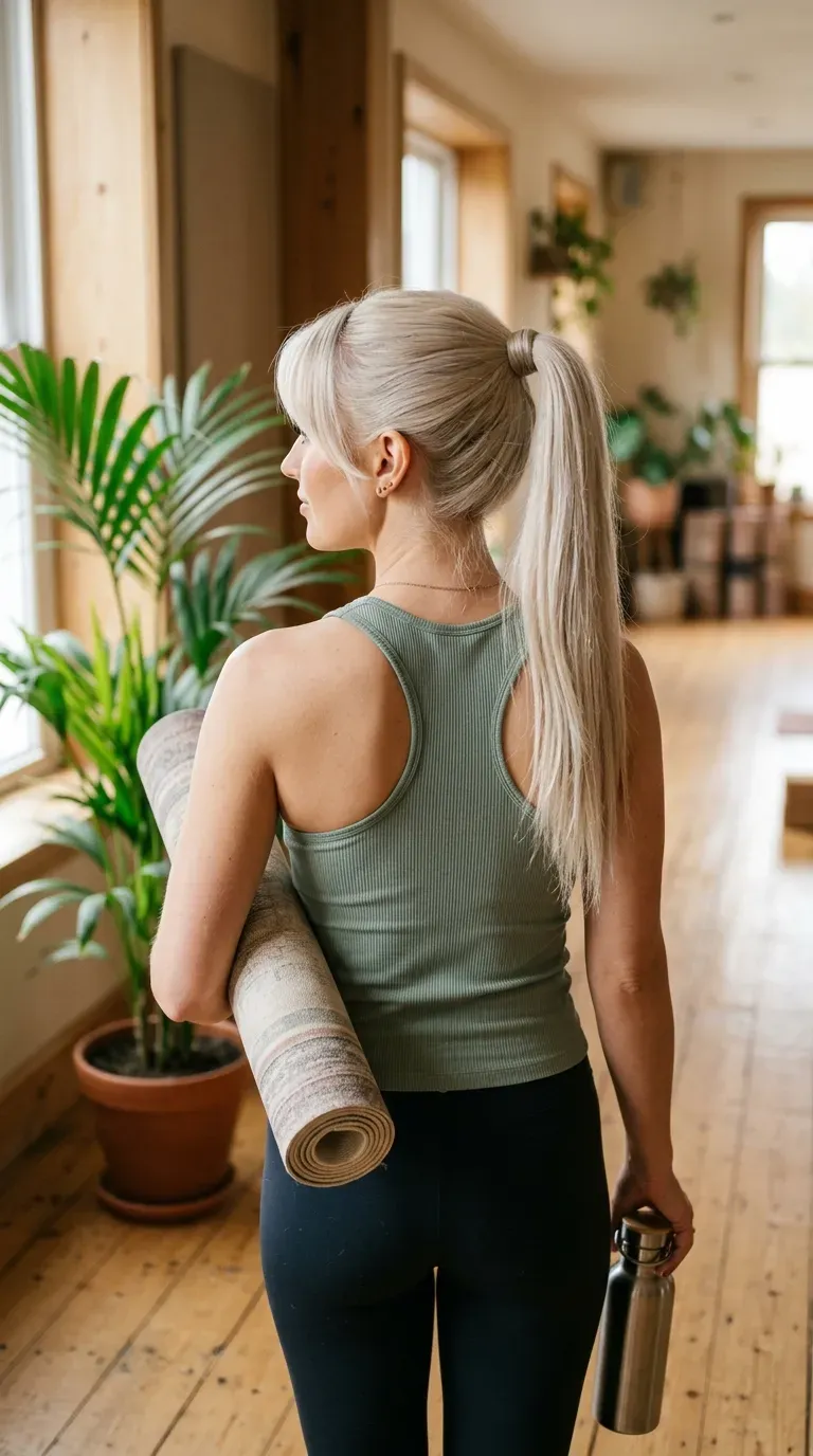 Platinum sleek high ponytail with soft curtain bangs left loose in yoga studio