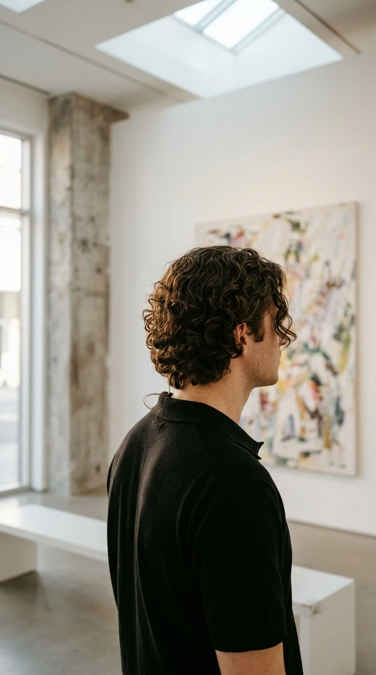 Three quarter back view of a man with curtain curls and a middle part
