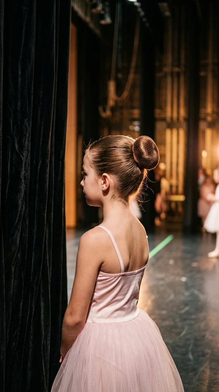 Dance recital hairstyles example, a young ballerina with a smooth classic ballet bun wrapped in a hair net backstage