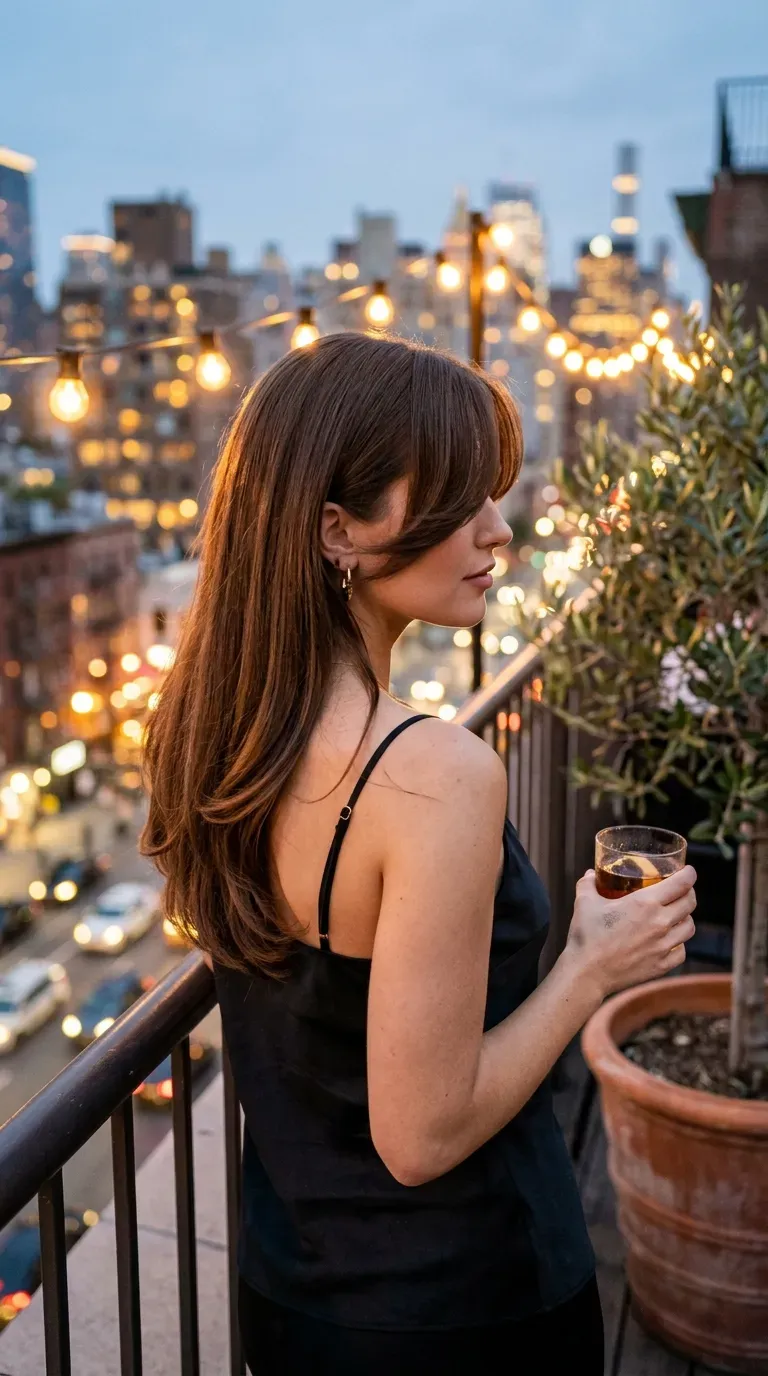Glossy brunette long hair with deep side part and diagonal face framing on rooftop