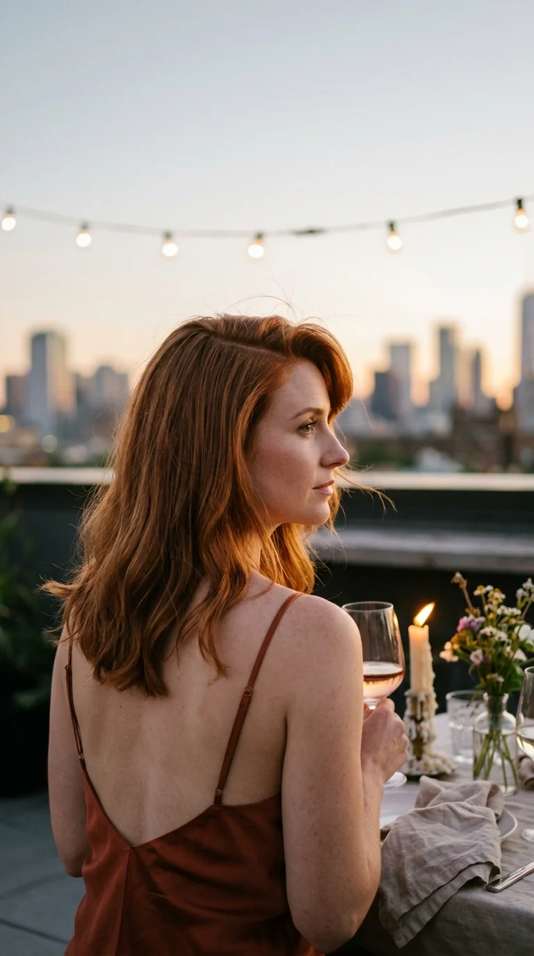 Three quarter back view of auburn medium hair with a deep side part at dusk