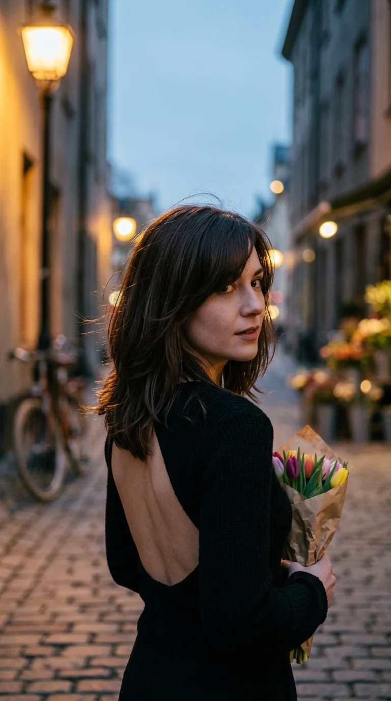 Over the shoulder view of a brunette deep side part with long side swept fringe