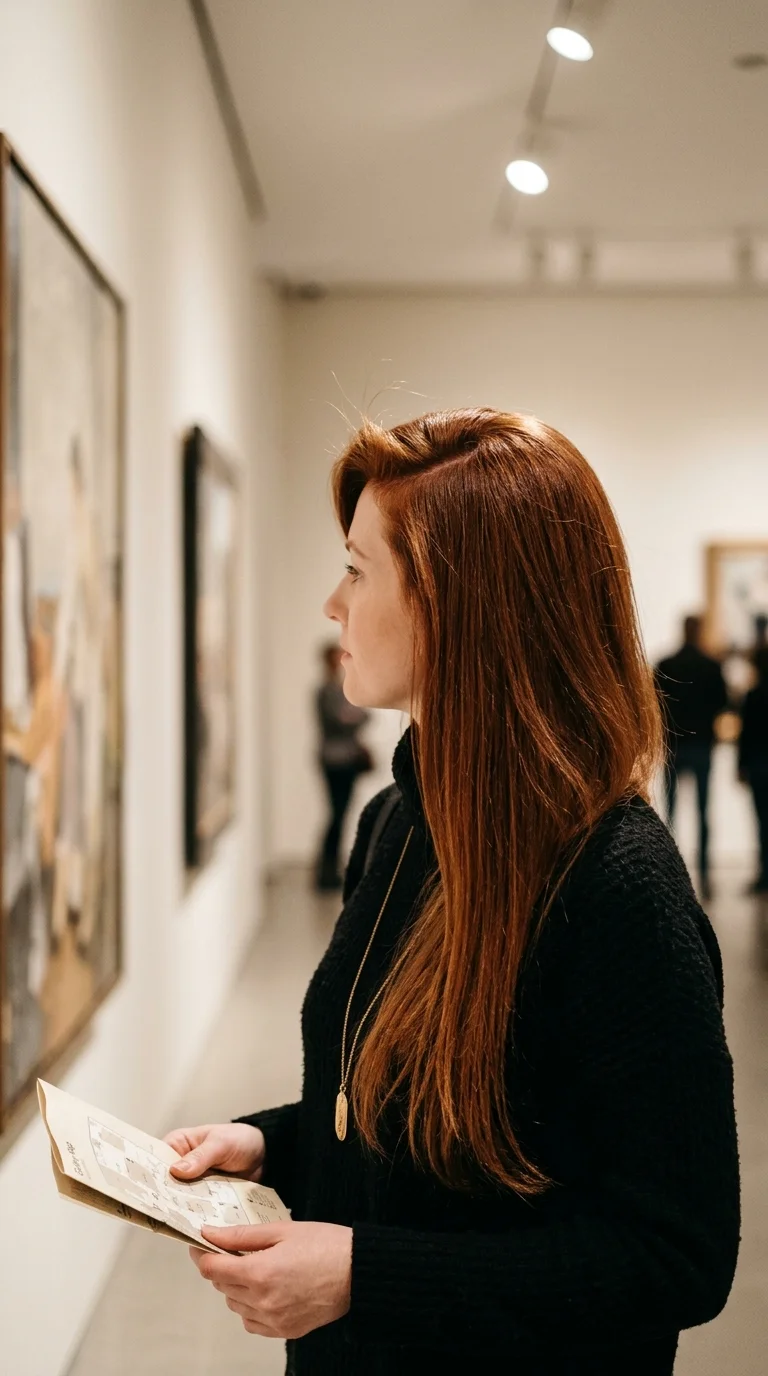 Side view of long thin auburn hair flipped into a deep side part with lifted roots and smooth lengths
