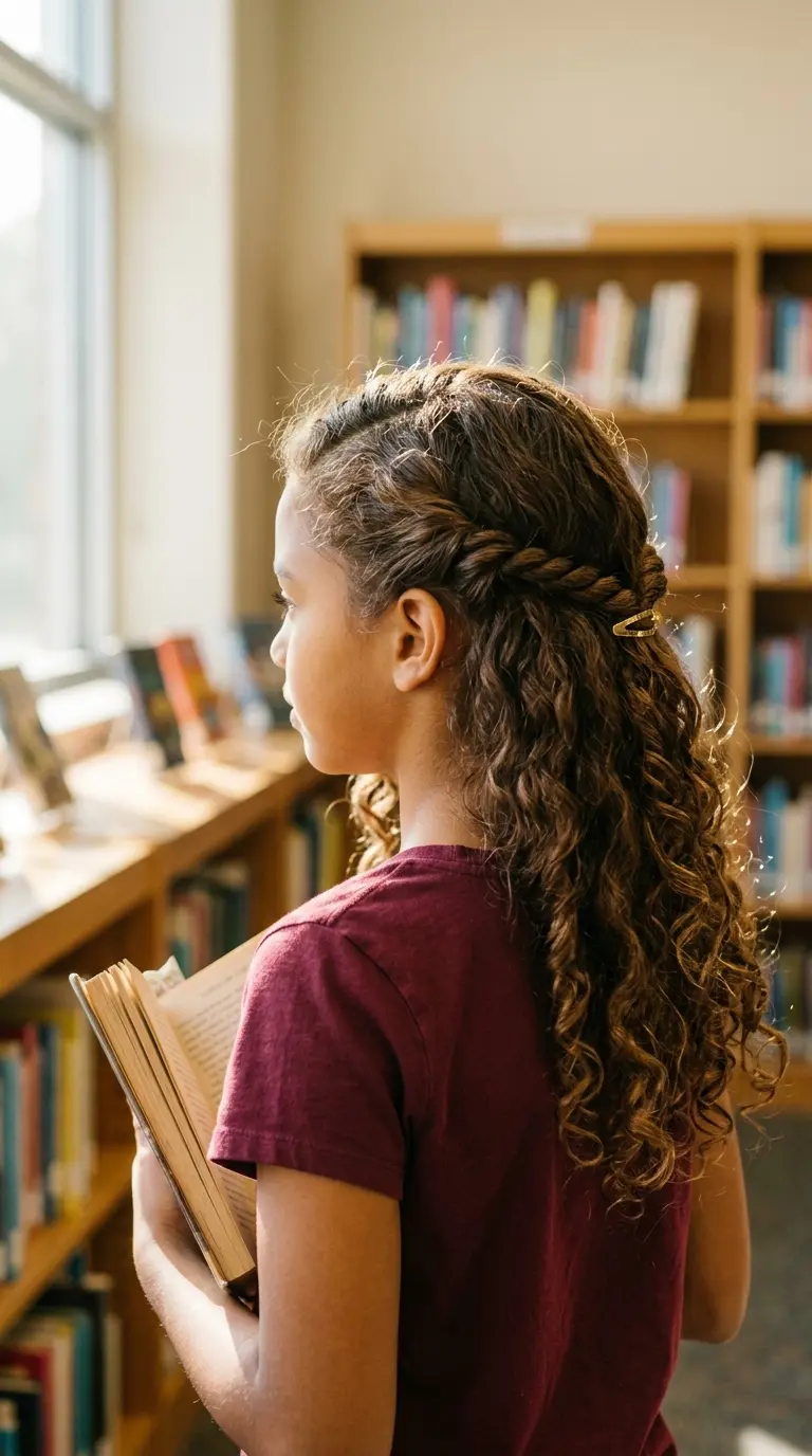 Three quarter back view of a mixed girl with a deep side part and one front twist pinned back in curly hair