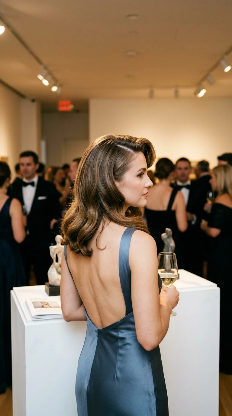 Three quarter back view of dark blonde blowout with deep side part swoop