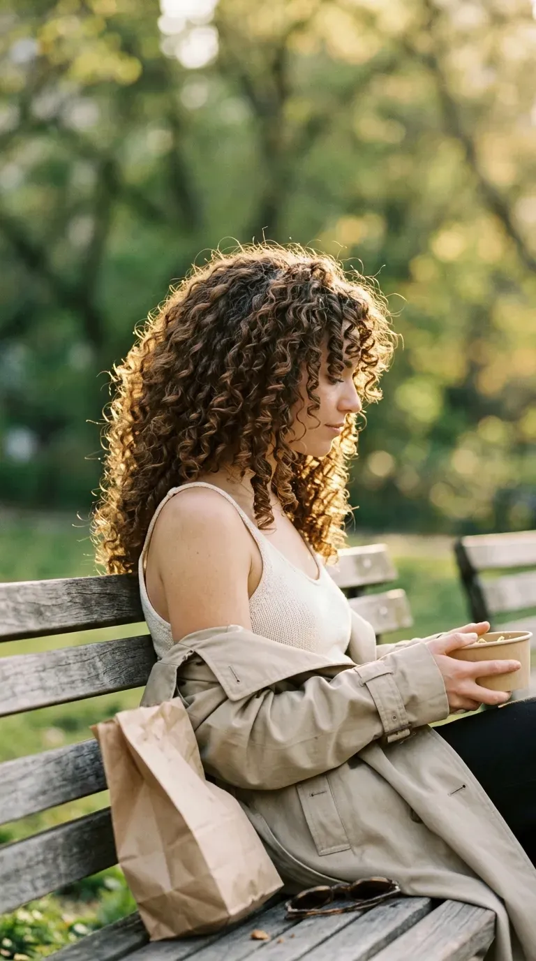 Side profile of deep side part wash and go curls on park bench