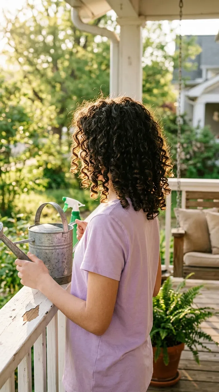 Defined springy curls on a girl standing on a sunny front porch