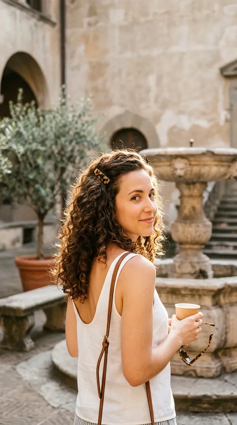 Over the shoulder view of defined curls with one side pinned back