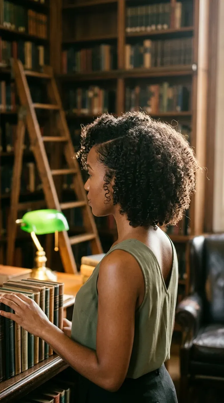 Three quarter back view of defined wash and go curls with a side part
